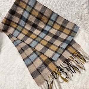 Bronte by Moon Lambswool Plaid Scarf in Blue, Brown, and Tan, Great Britain